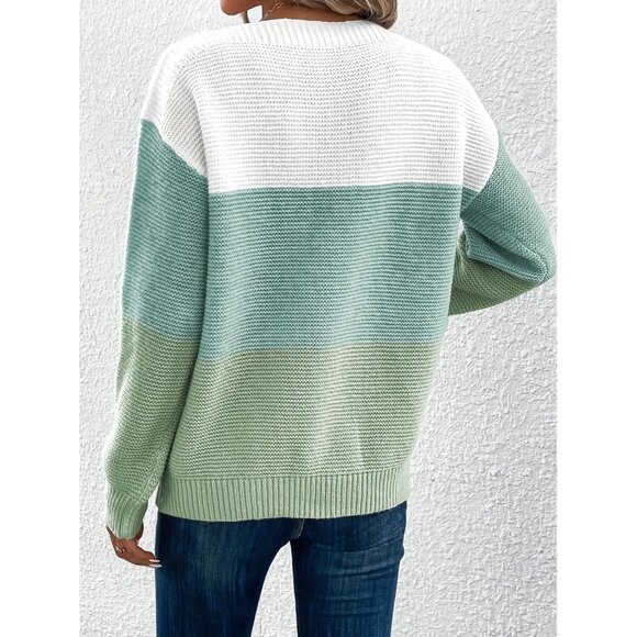 Women's Green Long Sleeve Crew Neck Color Block Fall Fashion Pullover Sweaters - Picture 6 of 6